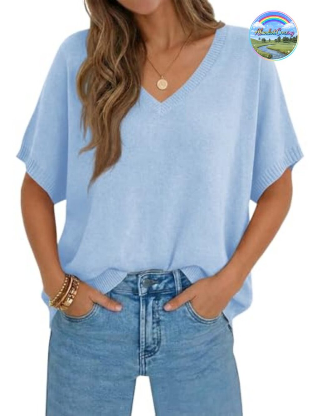 Oversized Batwing Short Sleeve V Neck Knit Pullover Sweater Top